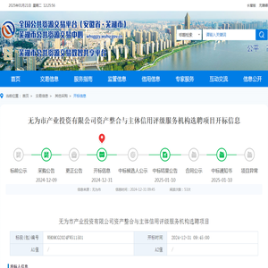 芜湖公共资源交易中心--无为市产业投资有限公司资产整合与主体信用评级服务机构选聘项目开标信息